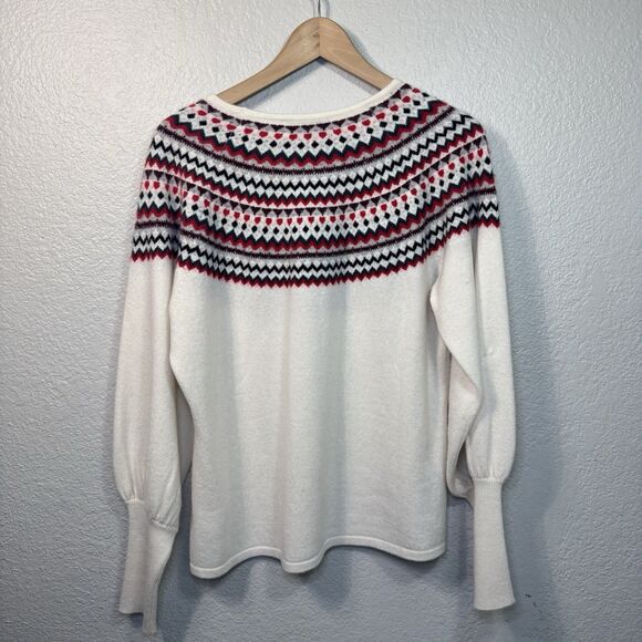 Charter Club Sweater Women L Ivory Cashmere Fair Isle Blouson Sleeve Holidays - Picture 2 of 9